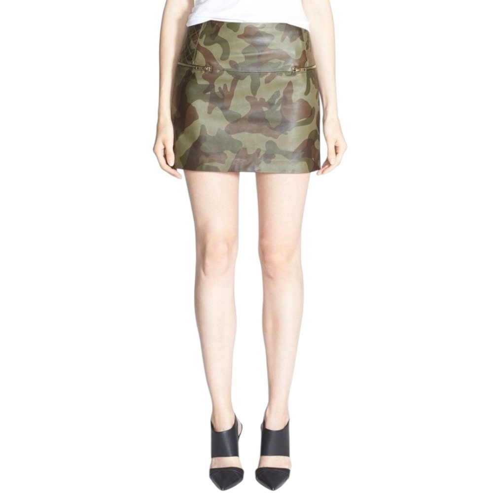 Sam Edelman Army Camp Camo Green Faux‎ Leather Mini Skirt Size 4 Coachella Party